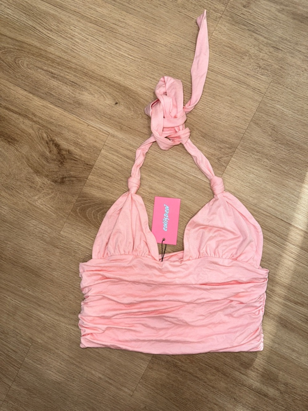 Edikted Peach-Pink Ruched Halter Crop Top